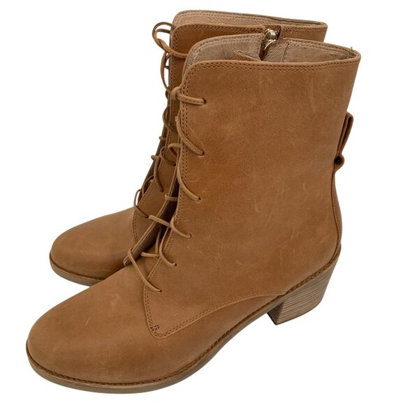 Rare UGG Womens Oriana Size 12 Tan Leather Lace-Up Zip Ankle Boots Stacked Heel - Picture 10 of 16